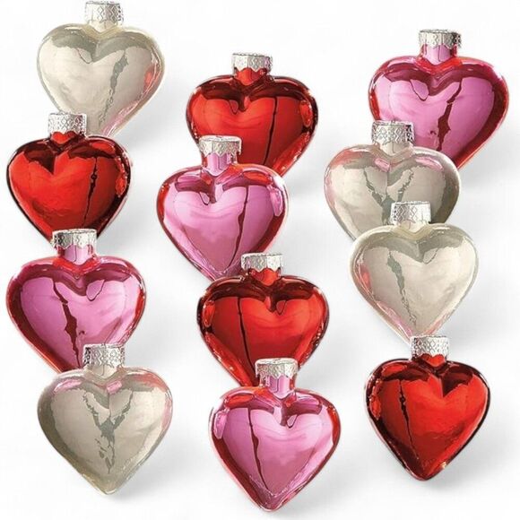Set of 12 2" Blown Glass Red White Pink Shiny Hearts Christmas Tree Ornaments - Picture 7 of 8